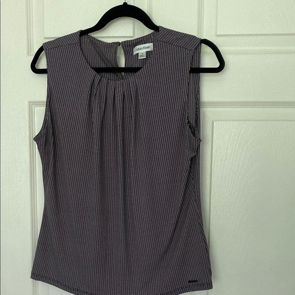 Calvin Klein Black and White Pleated Fitted Blouse